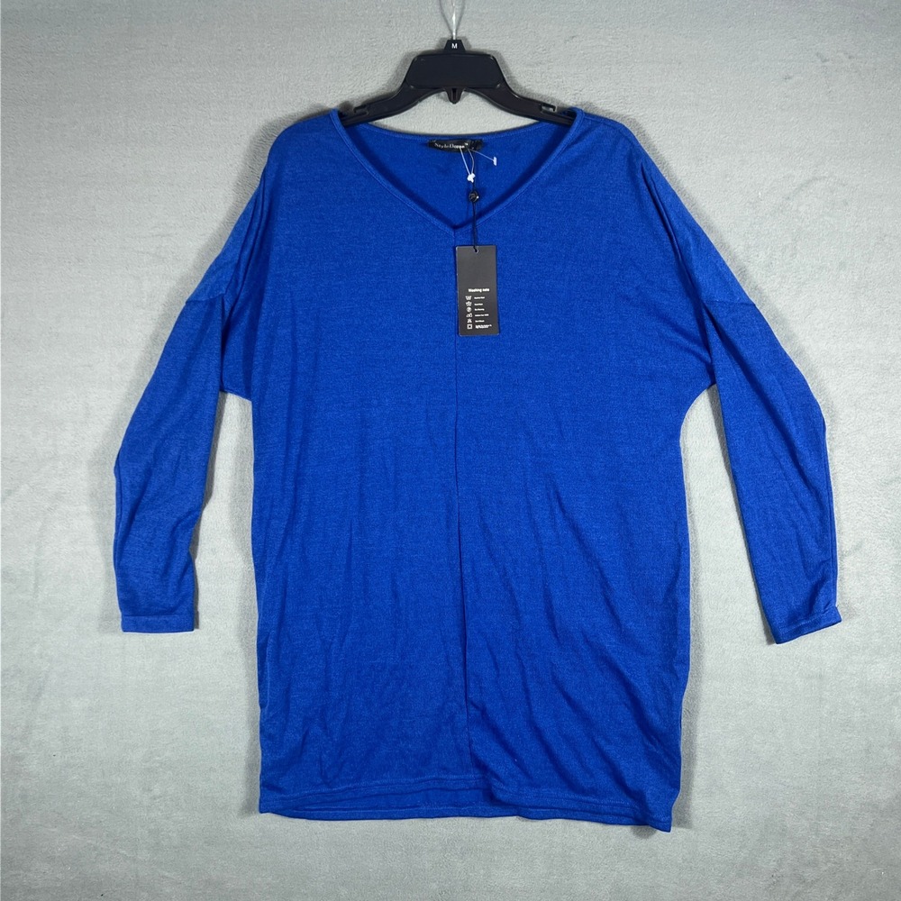 StyleDome Womens Tunic Top XL Blue Solid Batwing Long Sleeve V-Neck NWT